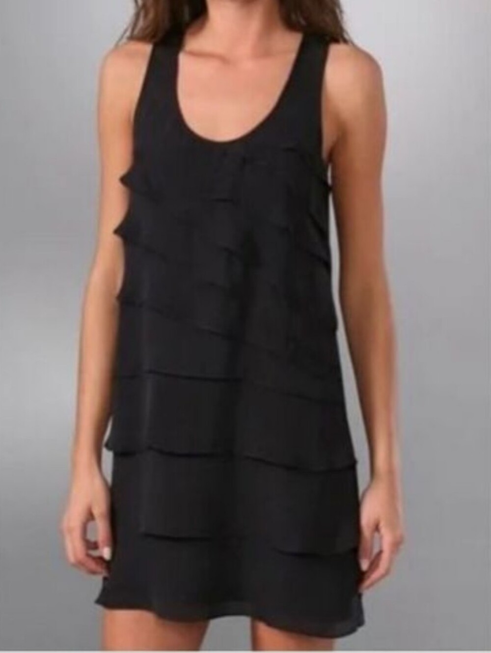 Theory Dorosa Captivate Silk Tiered Ruffle Sleeveless Black Shift Dress Size 2